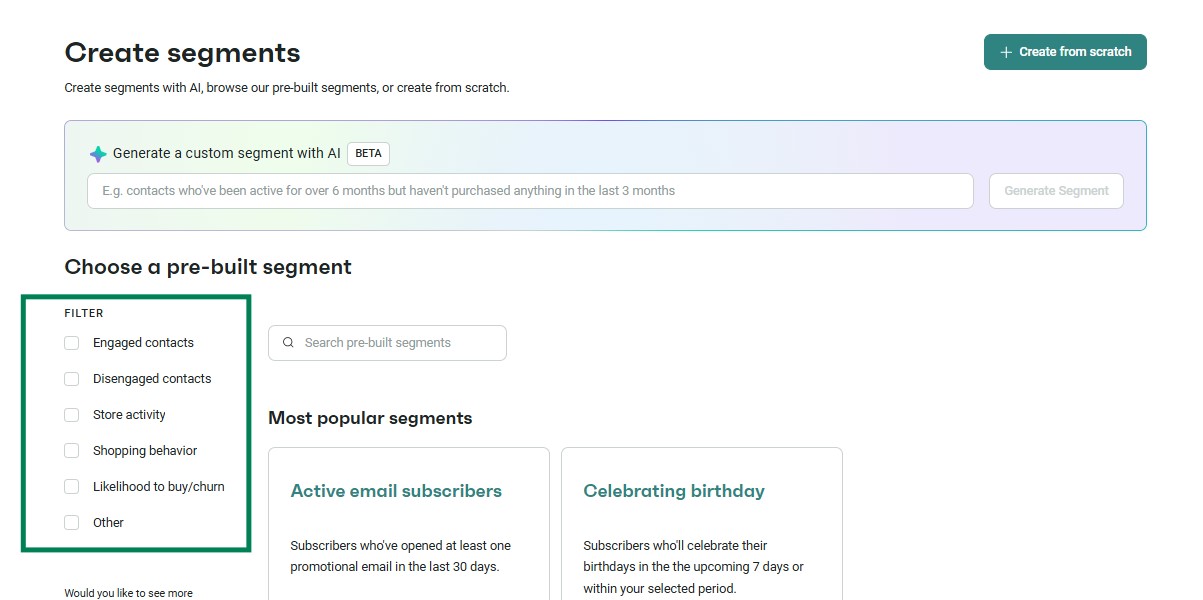 Improve email deliverability: A webpage for creating audience segments shows options to generate a custom segment with AI or choose from pre-built segments. Filters such as engaged contacts, store activity, and likelihood to buy are listed on the left.