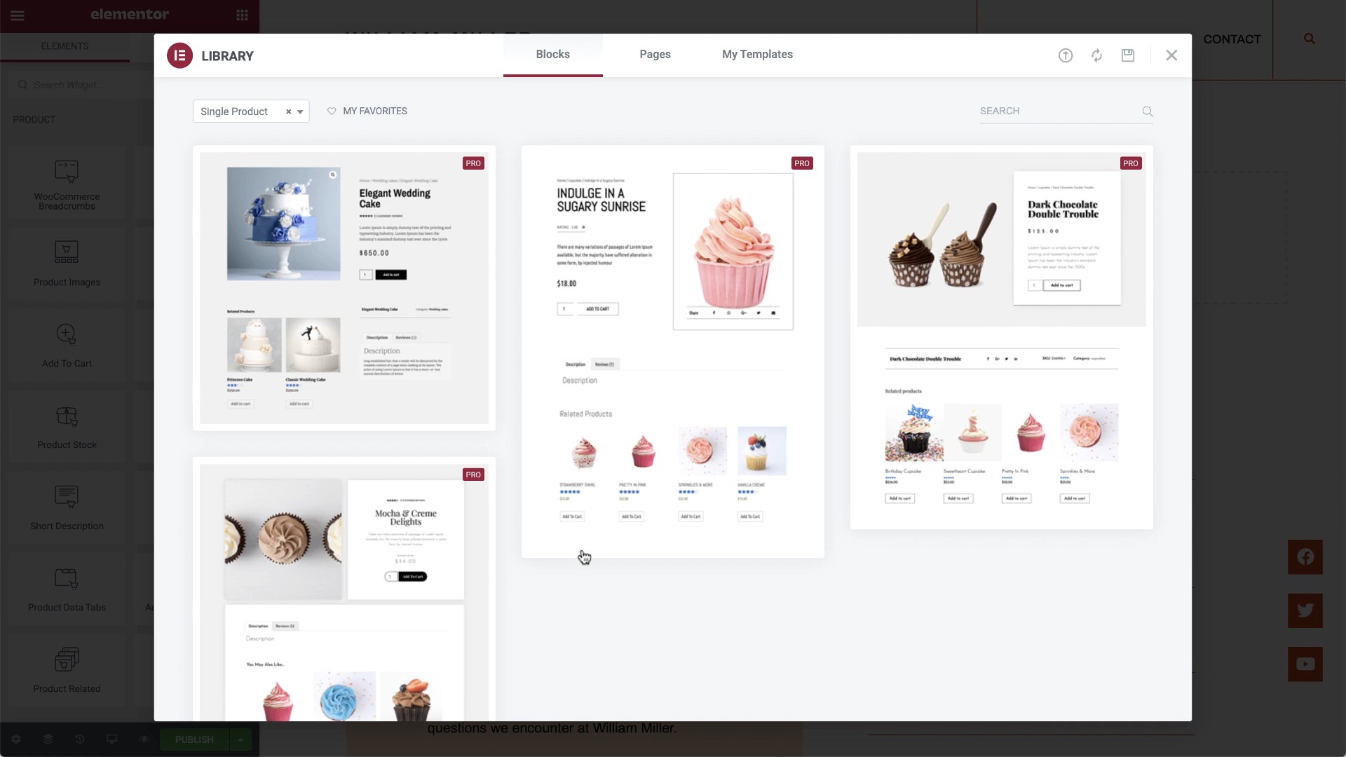 WooCommerce vs. Shopify: A computer screen displays a design interface with multiple templates for single product pages, featuring images and details of desserts like cupcakes and ice cream. The templates are organized in a grid layout.