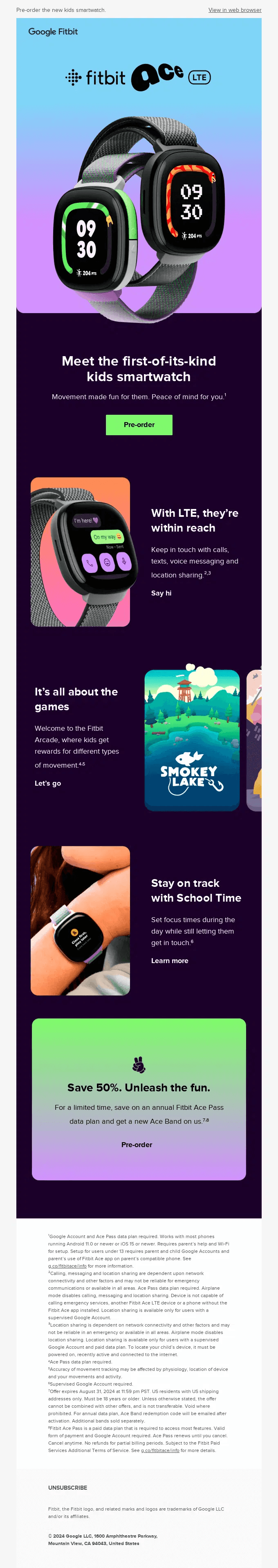 Electronics email marketing: Colorful promotional email for the Fitbit Ace LTE smartwatch, featuring images of the watch with playful bands, text highlighting LTE connectivity, activity tracking, gamified movement, and a 50% pre-order discount for eligible families.
