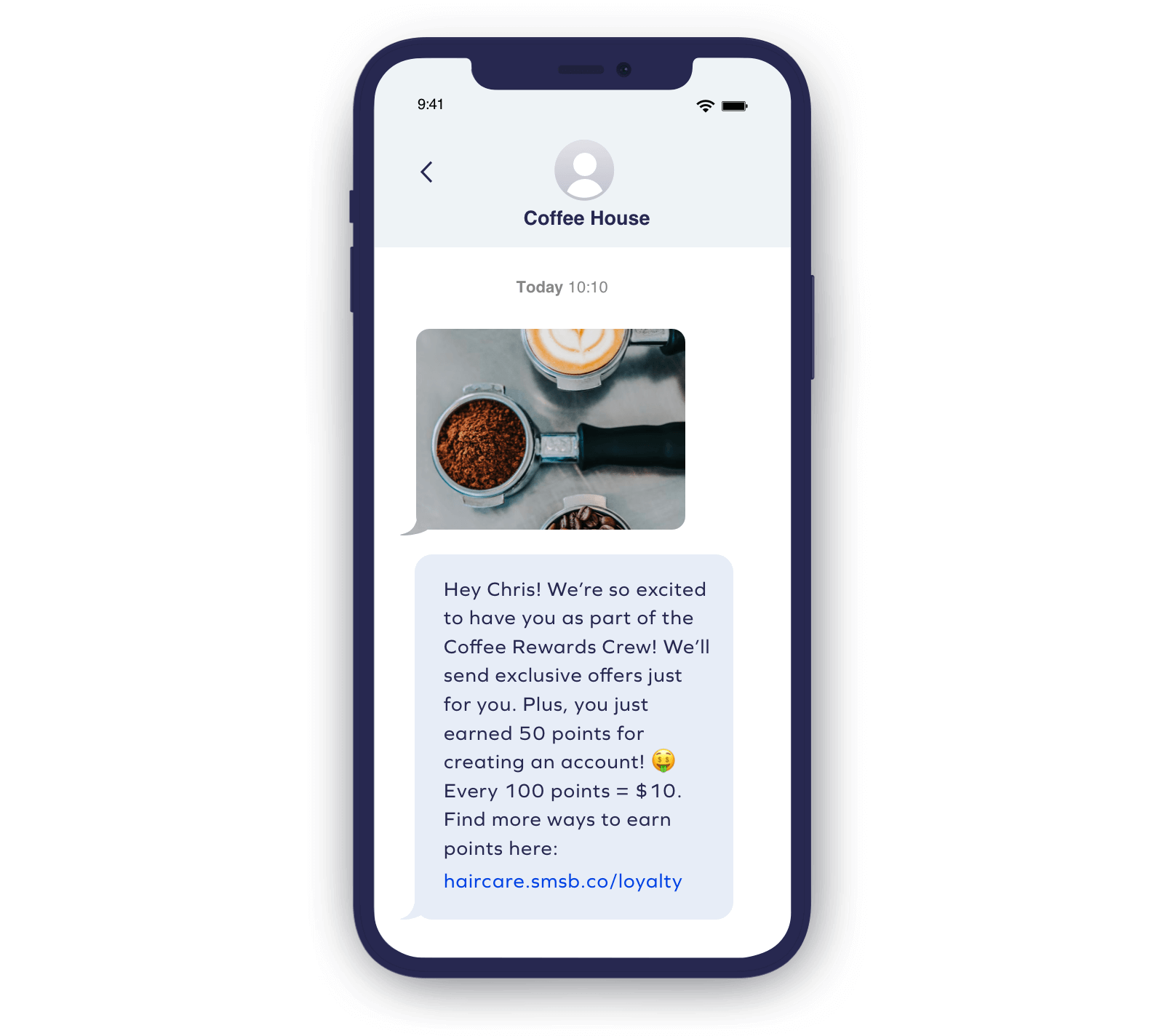 Branded SMS: A smartphone screen displays a message from Coffee House with an image of ground coffee and beans. The message welcomes Chris to a rewards program, explains how to earn points, and includes a link to learn more.