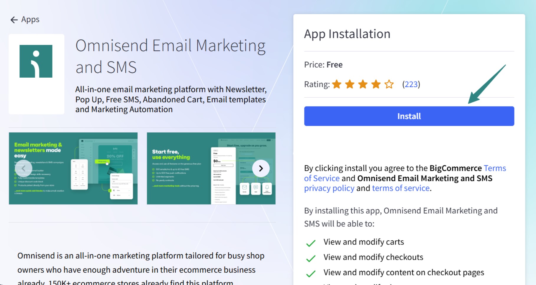 BigCommerce app installation screen for Omnisend Email Marketing and SMS, showing the app listing, rating, permissions, and Install button