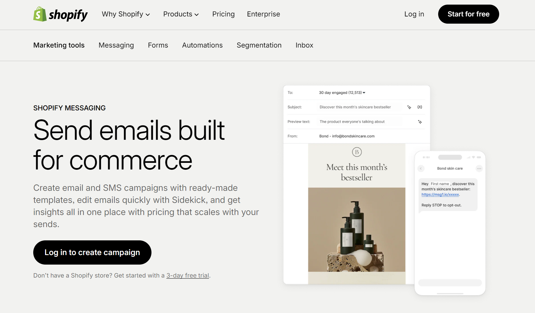 Cheaper than Klaviyo: Shopify Messaging webpage showing options to send emails and SMS for commerce. The page features sample email templates on devices and buttons to log in or create a campaign.
