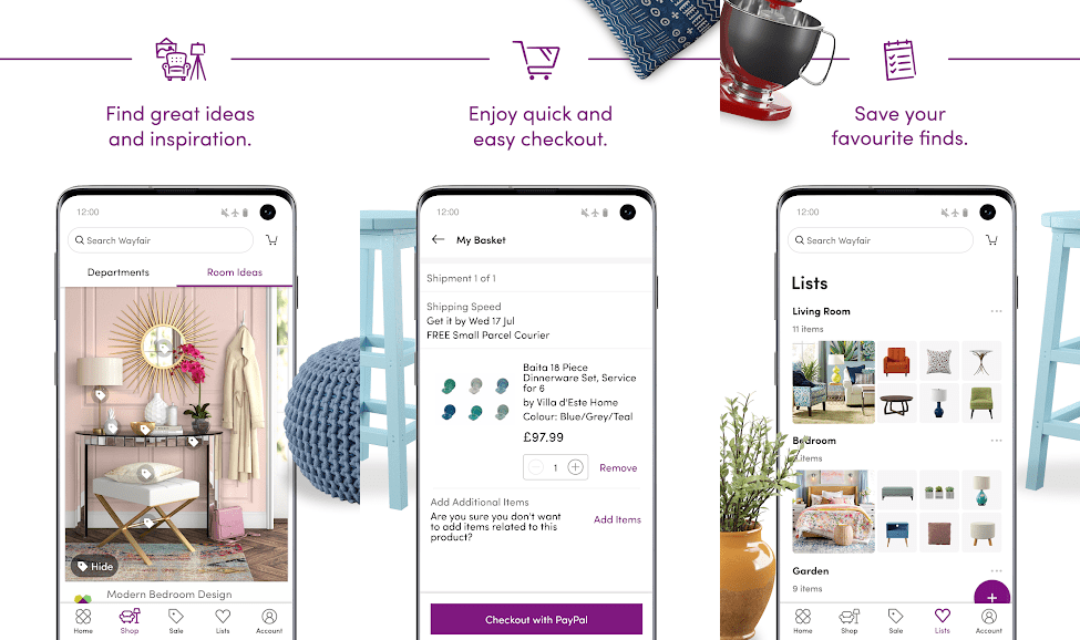 Mobile commerce: A smartphone displays an interior design app with screens showing inspiration ideas, easy checkout with PayPal, and saved item lists for different rooms. Text highlights finding ideas, easy checkout, and saving favorites.
