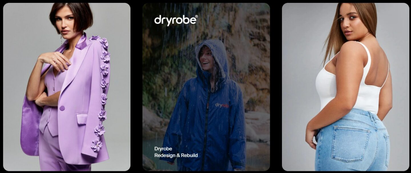 How to make money on Shopify: Three images: a woman in a lavender suit with floral details, a person in a raincoat standing outdoors in the rain, and a woman in a white tank top and blue jeans, posing with her back slightly turned.
