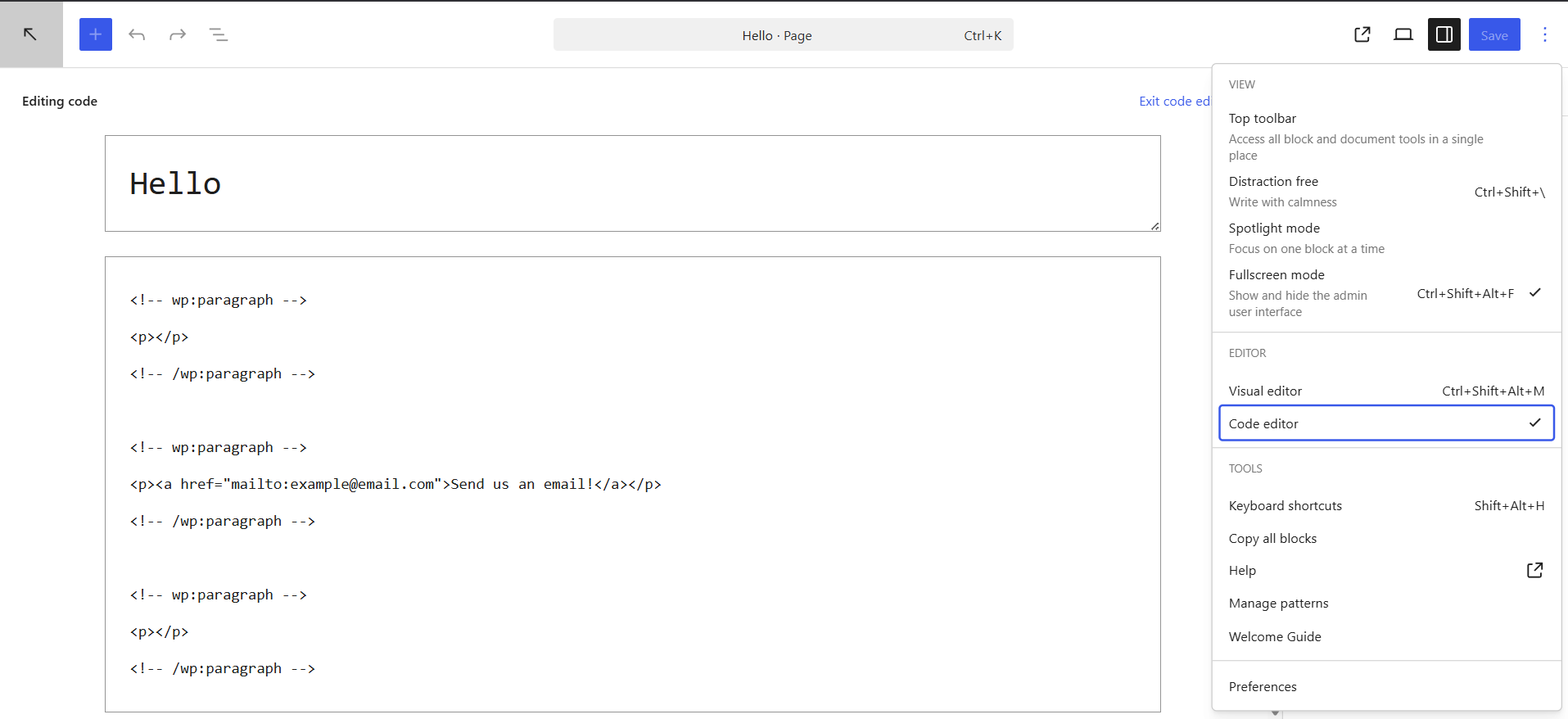 Link to an email in WordPress: Opening the WordPress Custom HTML block to add an email link