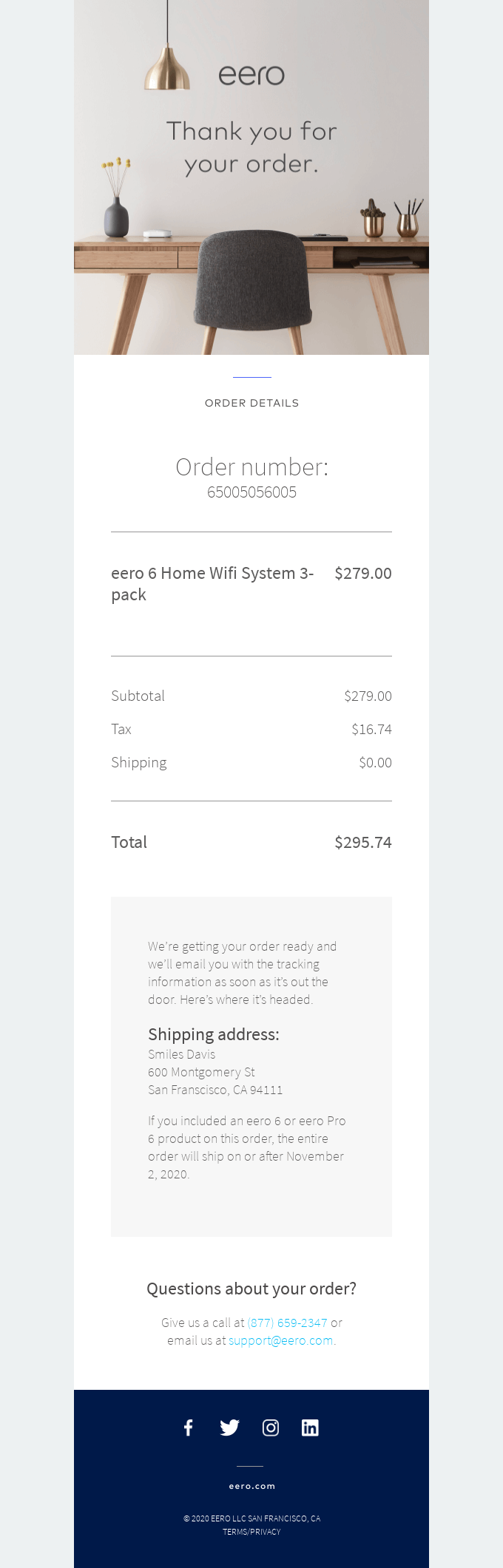 Digital marketing platforms: A receipt from eero with “Thank you for your order” text, order details for an eero 6 Home Wifi System 3-pack, pricing breakdown, shipping address section, and customer support contact info at the bottom.