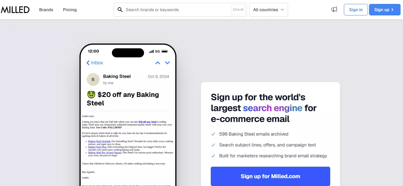 Drip campaigns: Screenshot of the Milled.com homepage showing a mobile email with a $20 off Baking Steel offer and a signup form promoting Milled as the world’s largest search engine for e-commerce email.