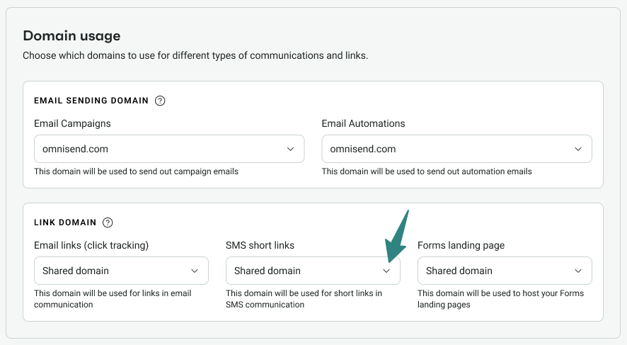 Branded SMS: Screenshot of a Domain usage settings page showing options for selecting domains for email campaigns, automations, link tracking, SMS short links, and forms landing pages, with dropdown menus and one arrow highlighting a selection.
