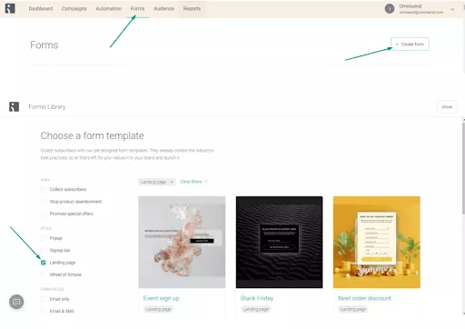 Drip vs. Mailchimp: A dashboard displays a “Forms” section with options to create a form. A “+ Create form” button is highlighted, and a form template library shows various sign-up form styles for selection.
