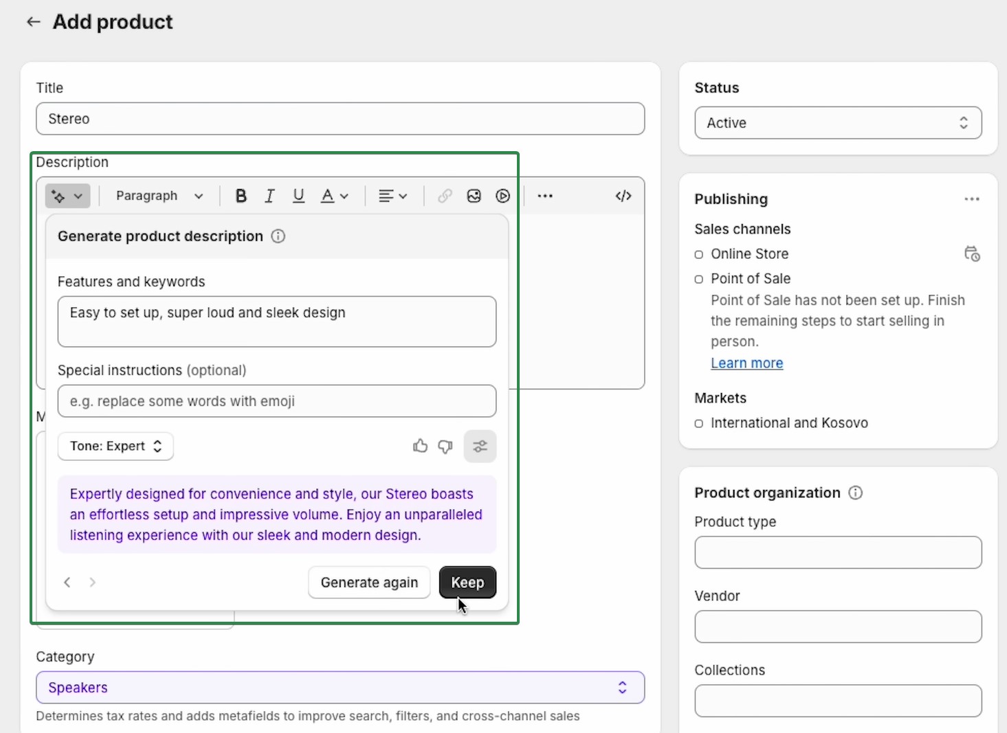 WooCommerce vs. Shopify: Screenshot of an “Add product” page. The “Generate product description” tool suggests a product description for a stereo with a cursor hovering over the “Keep” button. Various product fields are visible around the description box.