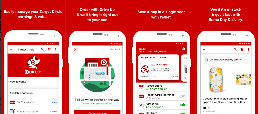 Mobile commerce: Four smartphone screens display the Target app’s features: managing Target Circle earnings, ordering with Drive Up, paying with Wallet, and checking product availability for Same Day Delivery. Red and white Target branding throughout.