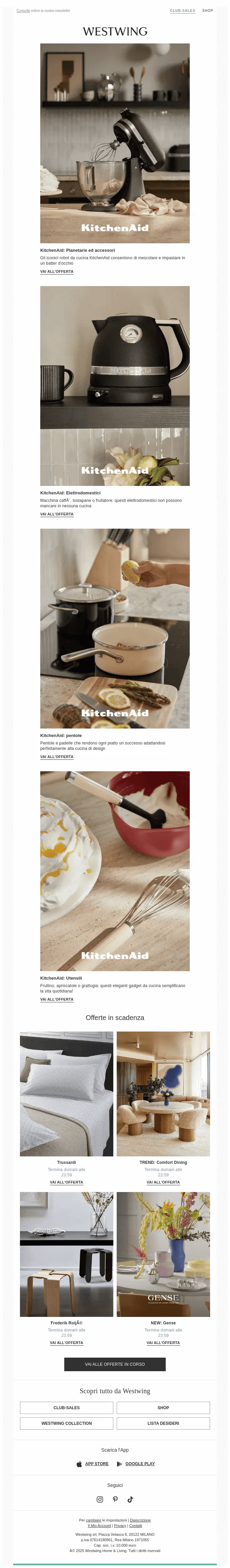 Electronics email marketing: A newsletter from Westwing featuring stylish kitchen items: espresso machine, kettle, glassware, tableware, and modern home décor, with Italian text describing each product and inviting users to shop their selection.