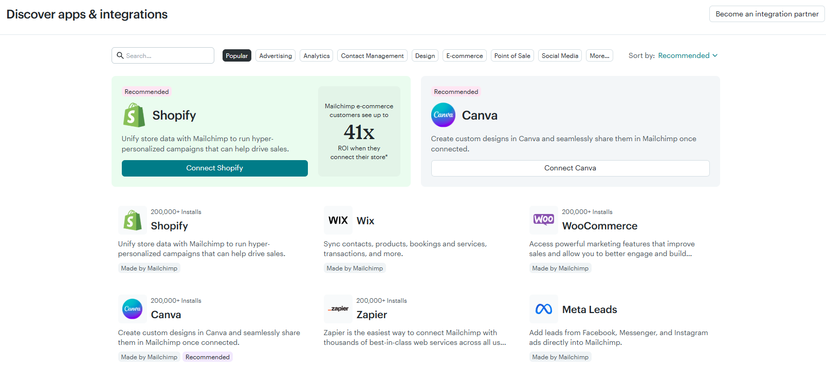 ConvertKit vs Mailchimp: Screenshot of an app integration page showing recommended apps like Shopify and Canva, with buttons to connect them. Other apps listed include Wix, WooCommerce, Zapier, and Meta Leads, each with brief descriptions.