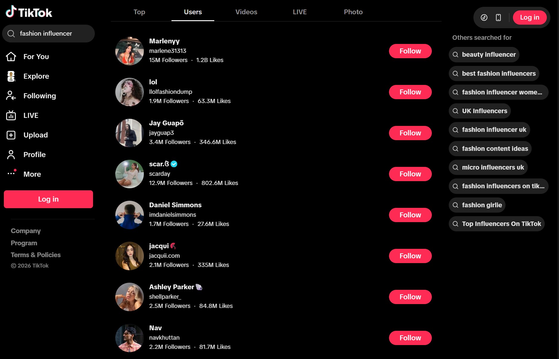 Clothing brand marketing ideas: A TikTok page showing a list of users with millions of followers