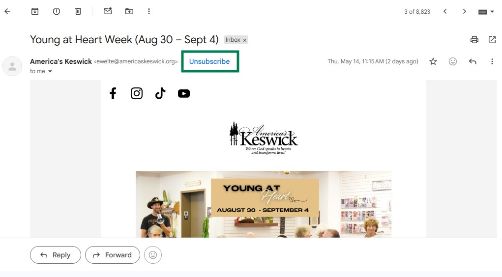 Improve email deliverability: Screenshot of an email from Americas Keswick about Young at Heart Week (Aug 30 – Sept 4).” The email includes an Unsubscribe link and an image promoting the event, with people gathered in a room.