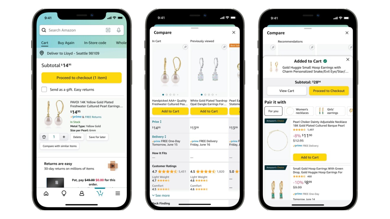 Mobile commerce: Three smartphone screens display the Amazon app showing a gold-plated keychain in the cart, product comparison with prices and ratings, and checkout options with related product recommendations.