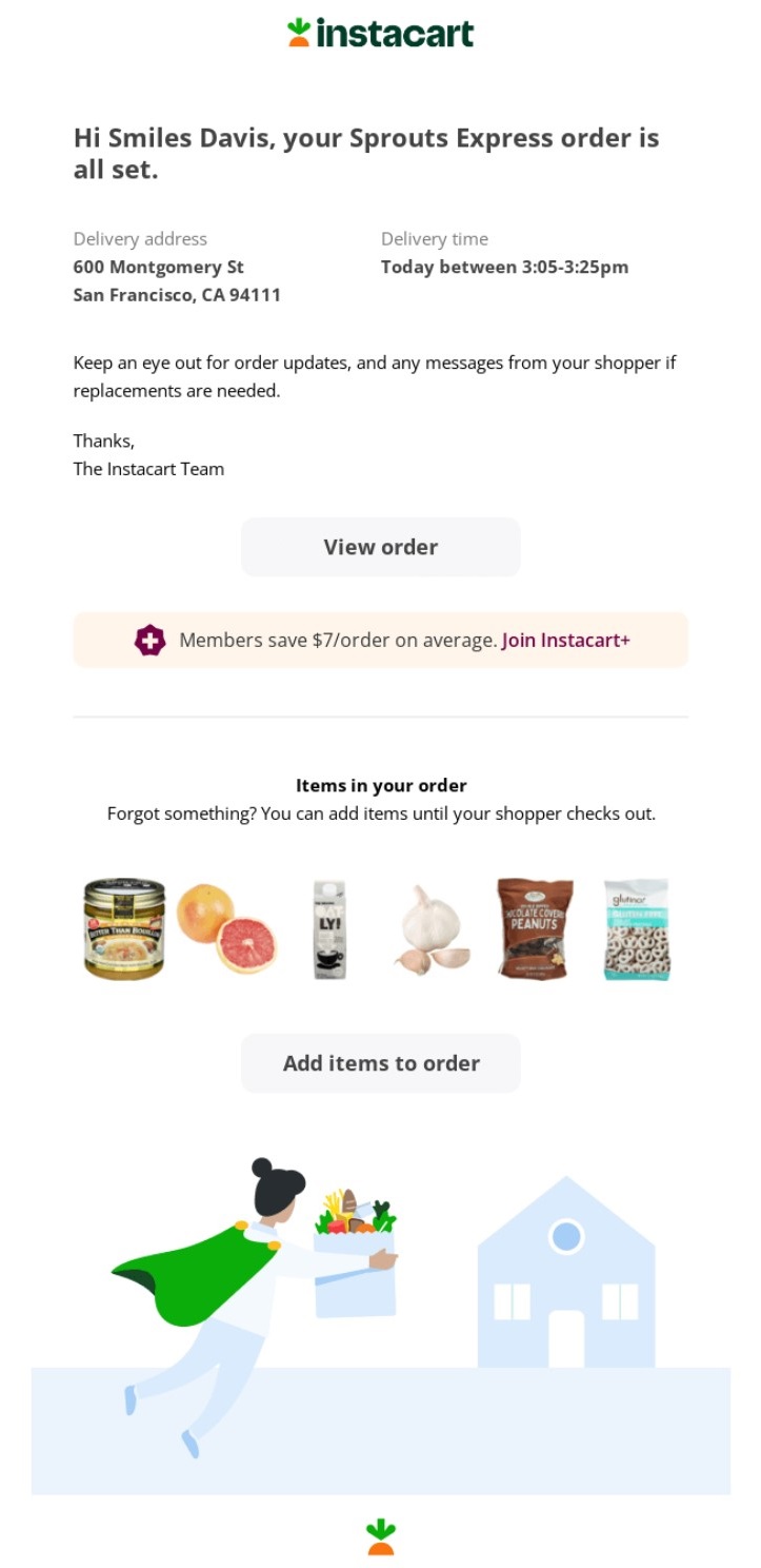 Instacart order confirmation email showing delivery address, delivery time, order update message, call-to-action buttons, and product images for items in the grocery order