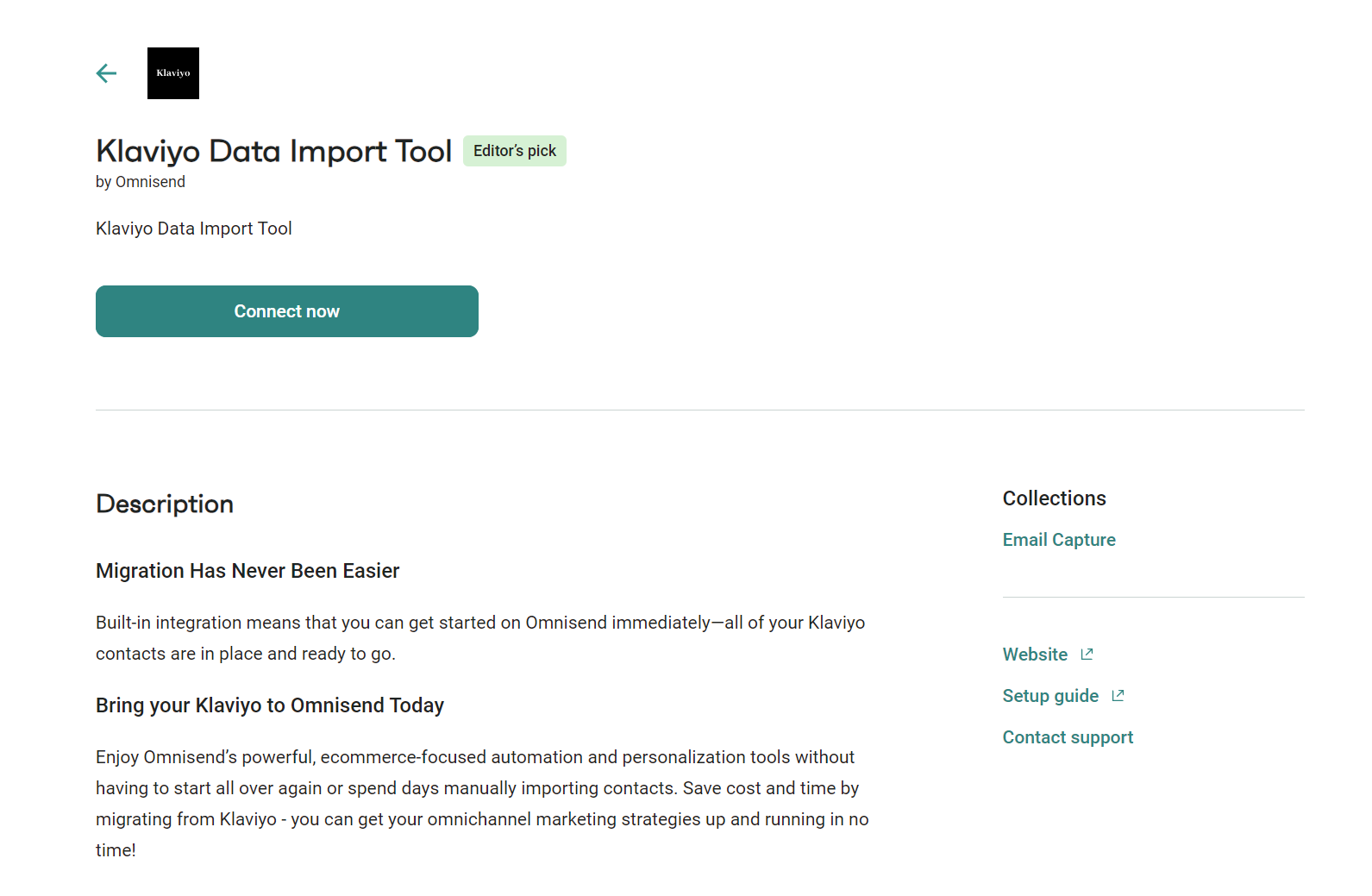 Cheaper than Klaviyo: Screenshot of a webpage for the Klaviyo Data Import Tool by Omnisend, featuring a green Connect now button, a description about easy migration, and links for website, setup guide, and support.