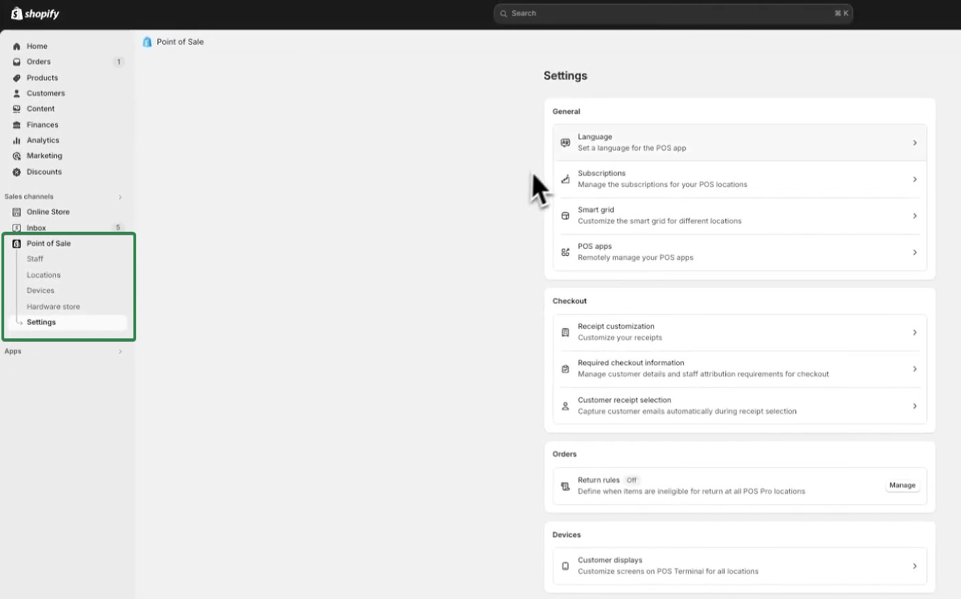 WooCommerce vs. Shopify: A Shopify dashboard displays the Point of Sale settings page. A mouse cursor hovers over options such as language, subscriptions, and receipt customization. The left sidebar lists menu items including Products, Customers, and POS settings.