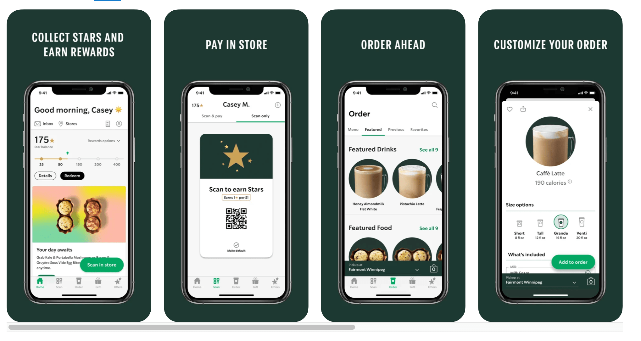 Mobile commerce: Four smartphone screens show a coffee shop app: earning rewards, paying in store with a QR code, ordering ahead, and customizing a coffee order. Each feature is labeled above the corresponding phone.