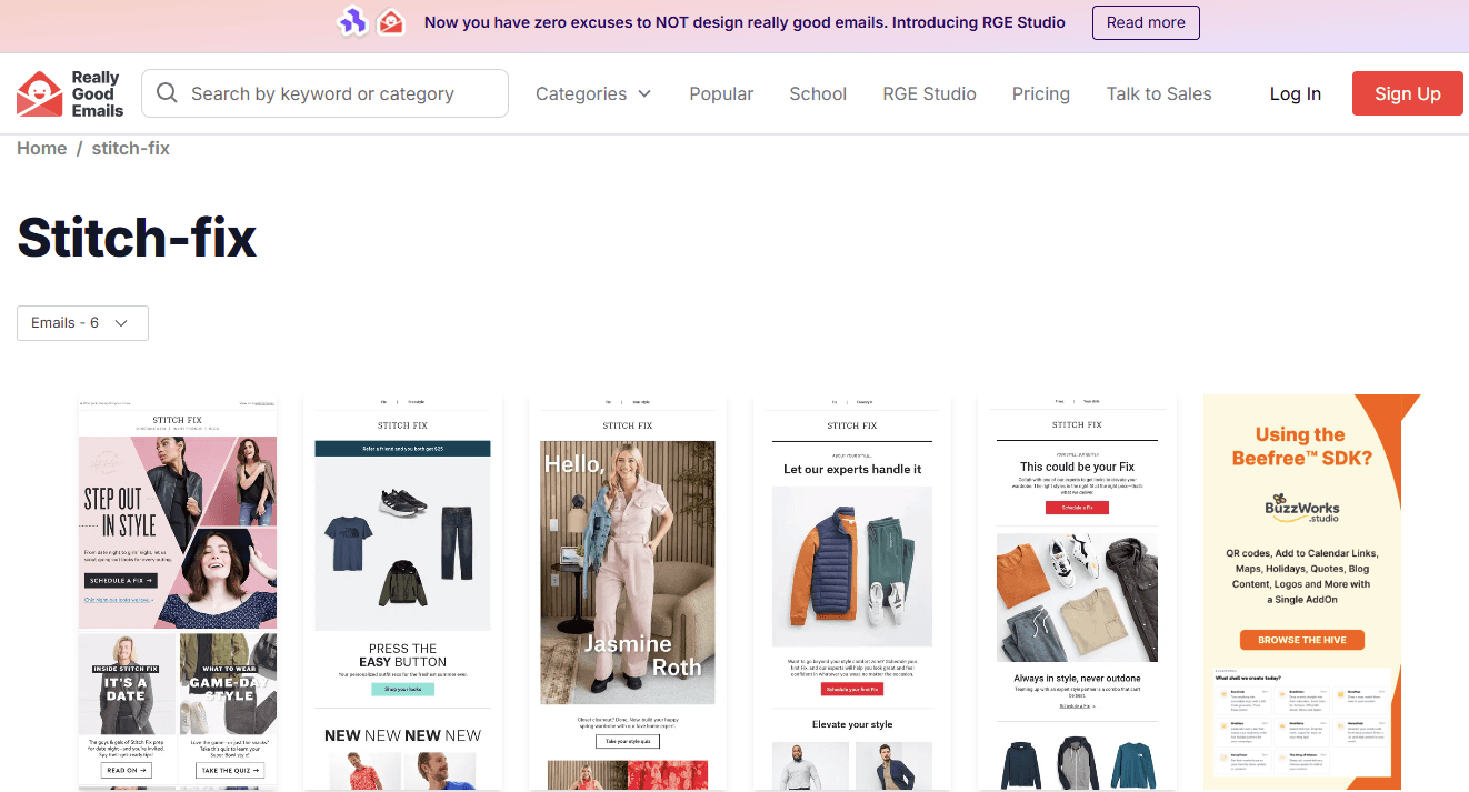 Drip campaigns: A webpage from Really Good Emails displays a gallery of Stitch Fix email designs, featuring images of clothing, people, and promotional messages. A banner at the top promotes RGE Studio, with navigation and login options visible.