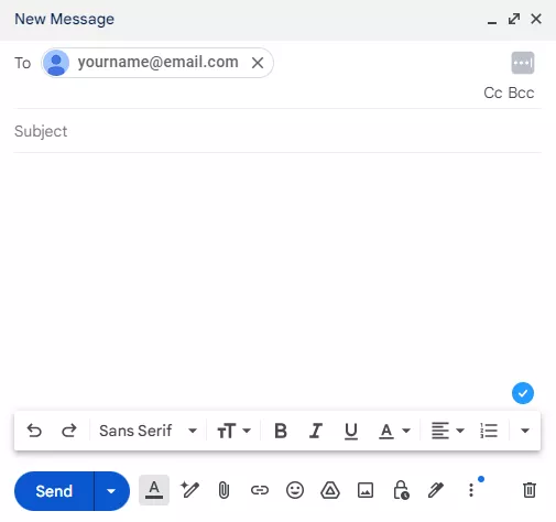 Link to an email in WordPress: Screenshot of a blank new email message in Gmail, with yourname@email.com as the recipient. The subject and message body are empty, and formatting tools and the send button are visible at the bottom.
