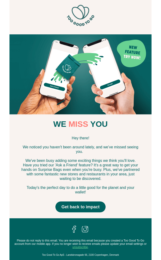 Lifecycle email marketing: An email from Too Good To Go featuring their logo, a phone displaying a green check mark, and a message inviting users to try the “Surprise Bags” feature and return to the app to help reduce food waste.