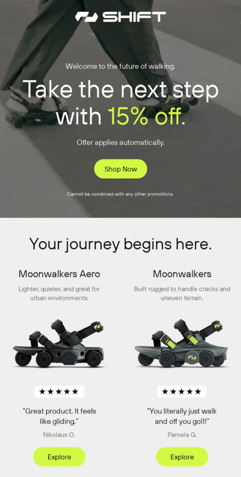 Testimonial advertising: Promotional email for SHIFT shoes offering 15% off. Two products shown: Moonwalkers Aero (lighter, quieter) and Moonwalkers (for rough terrain), each with user reviews and Explore buttons.