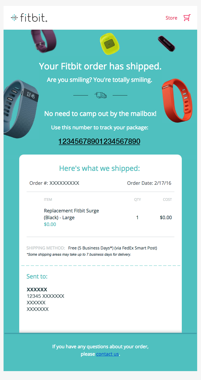 Digital marketing platforms: A Fitbit order confirmation showing a tracking number, shipment of a black Fitbit Surge (large), recipient details, estimated delivery time, and colorful fitness bands on a blue background.
