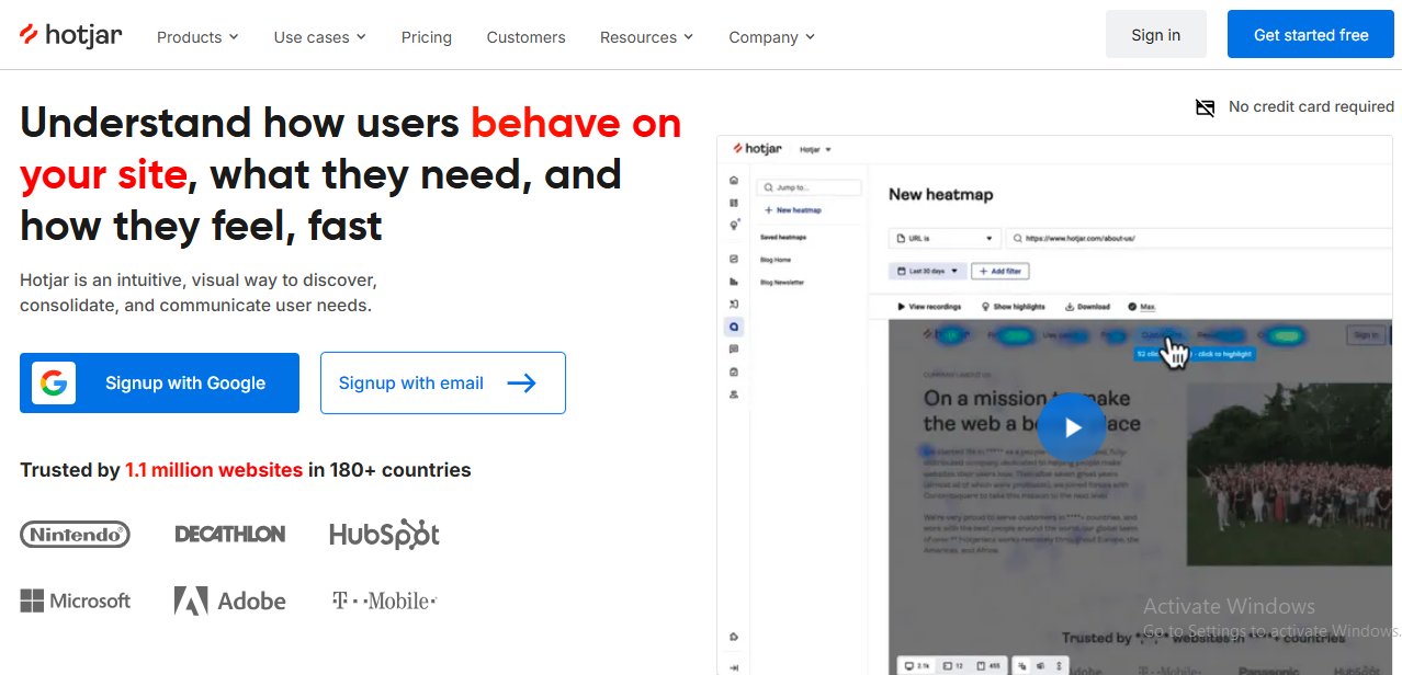 Digital marketing platforms: Hotjar home page