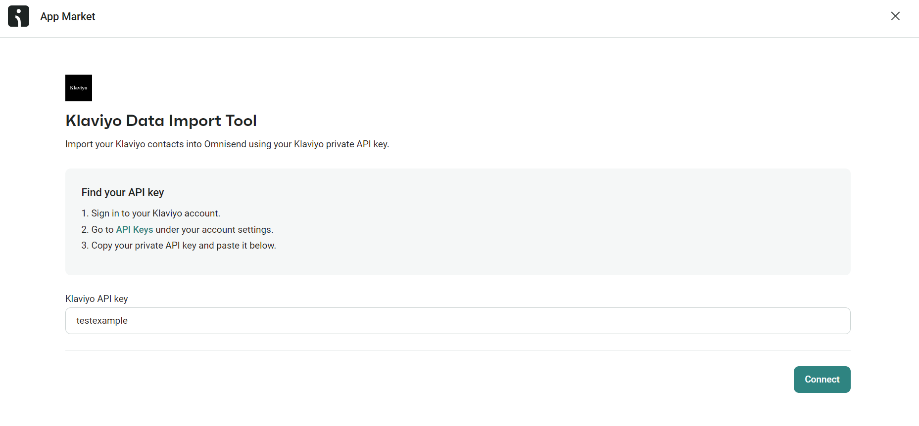 Cheaper than Klaviyo: Screenshot of the Omnisend App Market showing the Klaviyo Data Import Tool. Instructions to find a Klaviyo API key are listed, and a sample key “testexample” is entered in the input box. A green Connect button is at the bottom right.
