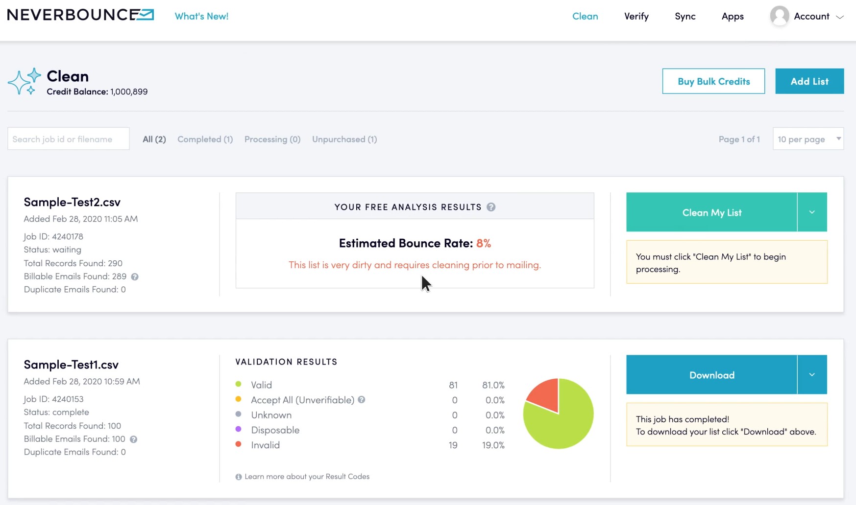 Email deliverability tools: NeverBounce dashboard