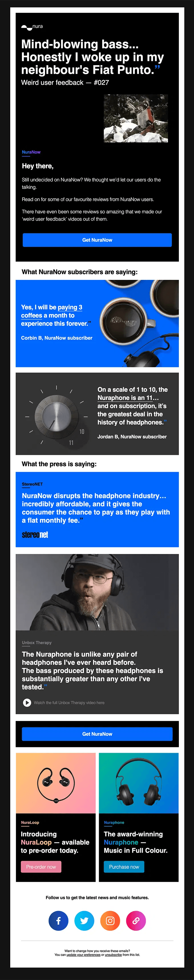 Electronics email marketing: A promotional email for Nuraphone headphones with user reviews, press quotes, product images, and call-to-action buttons on a black background, highlighting features like personalized sound and award-winning design.