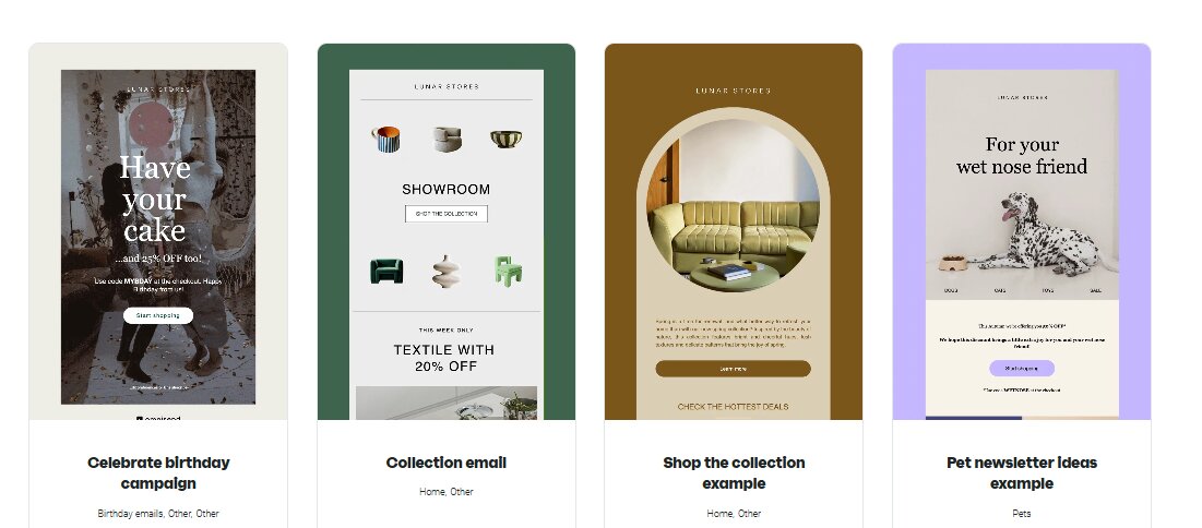 Funny email examples: Four email template previews: a cake-themed birthday campaign, a minimal textile collection email, a living-room style shop collection, and a pet newsletter with a dog on a sofa. Each template has a brief description below.