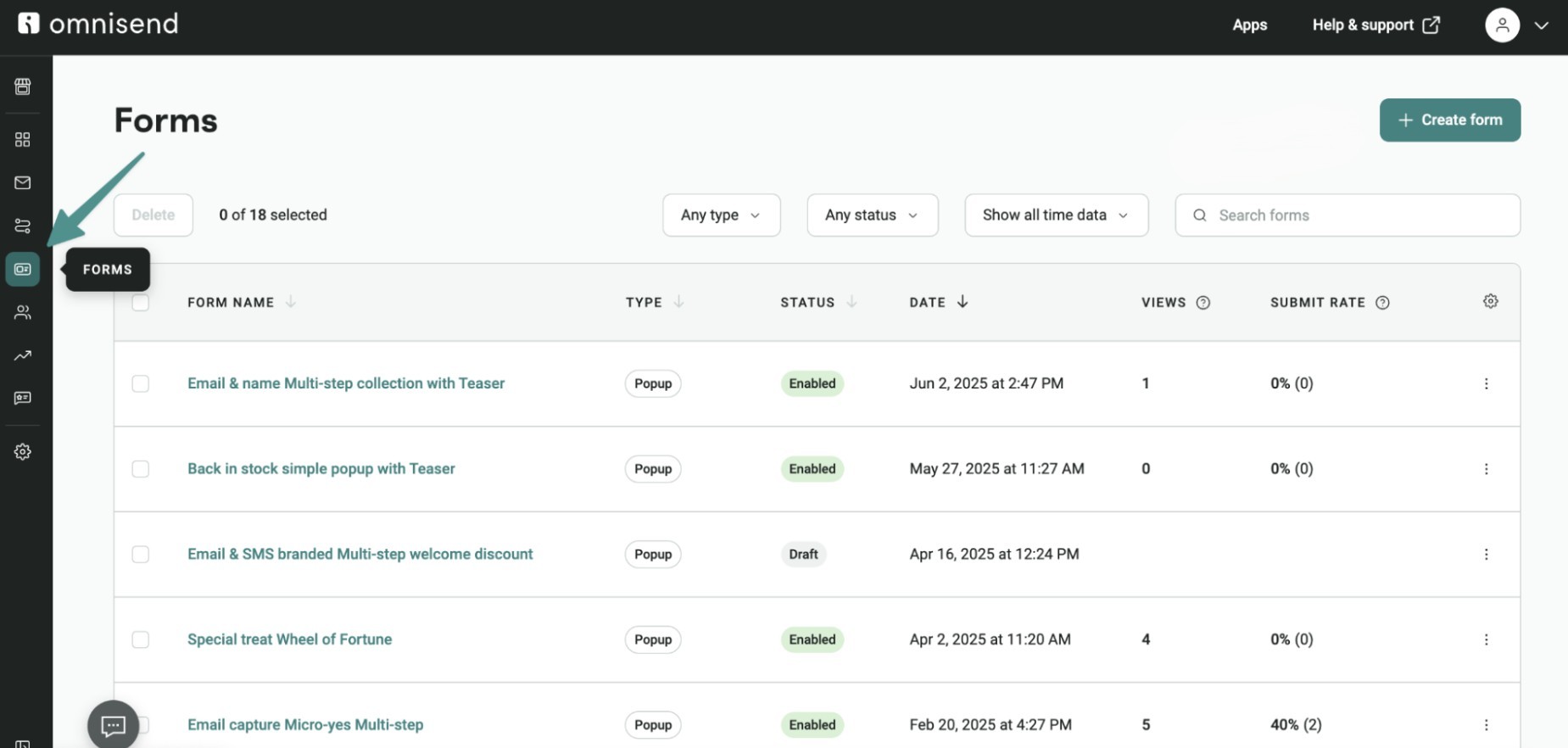 How to grow your email list: A dashboard from Omnisend displays a list of forms with columns for name, type, status, date, views, and sign-ups. A sidebar highlights the Forms section, and a Create form button is on the top right.