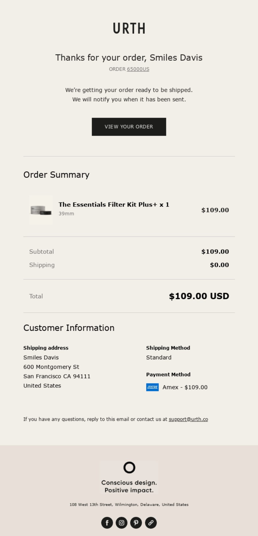 URTH order confirmation email showing a thank-you message, order summary, total cost, shipping details, payment method, and customer support information