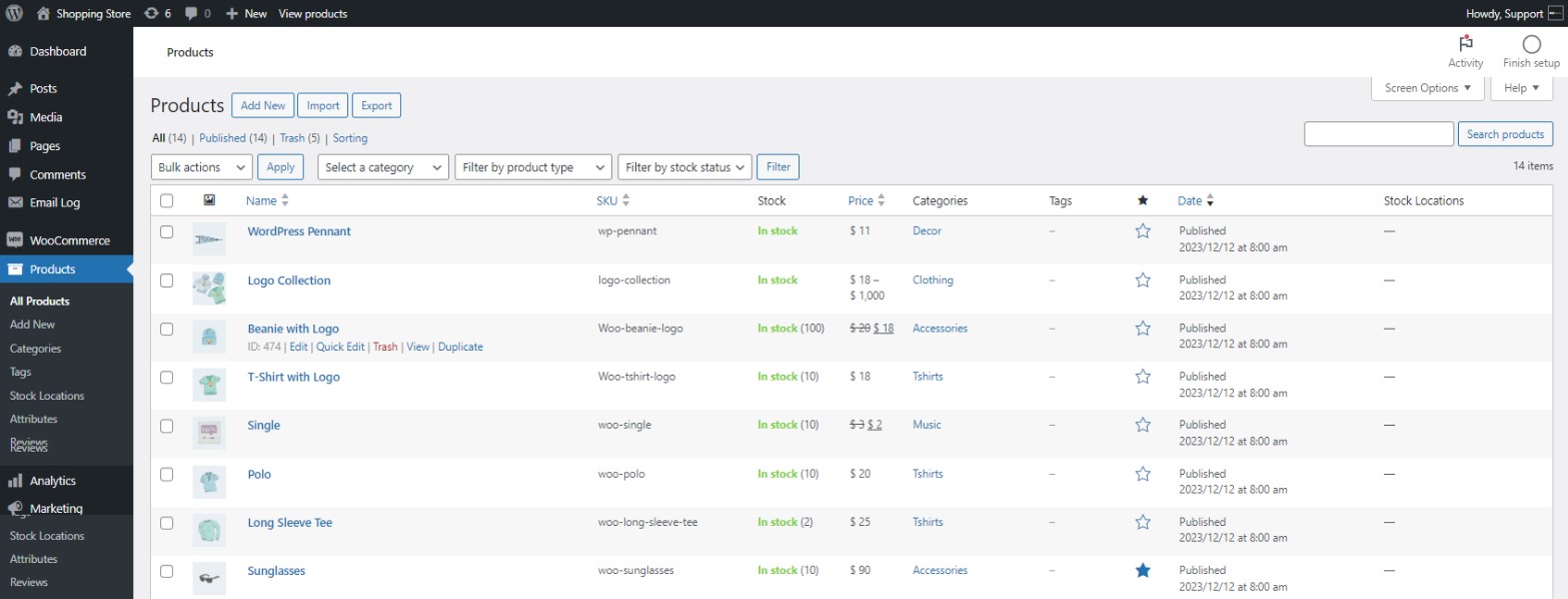 WooCommerce vs. Shopify: A screenshot of a WooCommerce Products page in WordPress, showing a list of products with columns for name, SKU, stock status, price, categories, tags, date published, and stock locations.