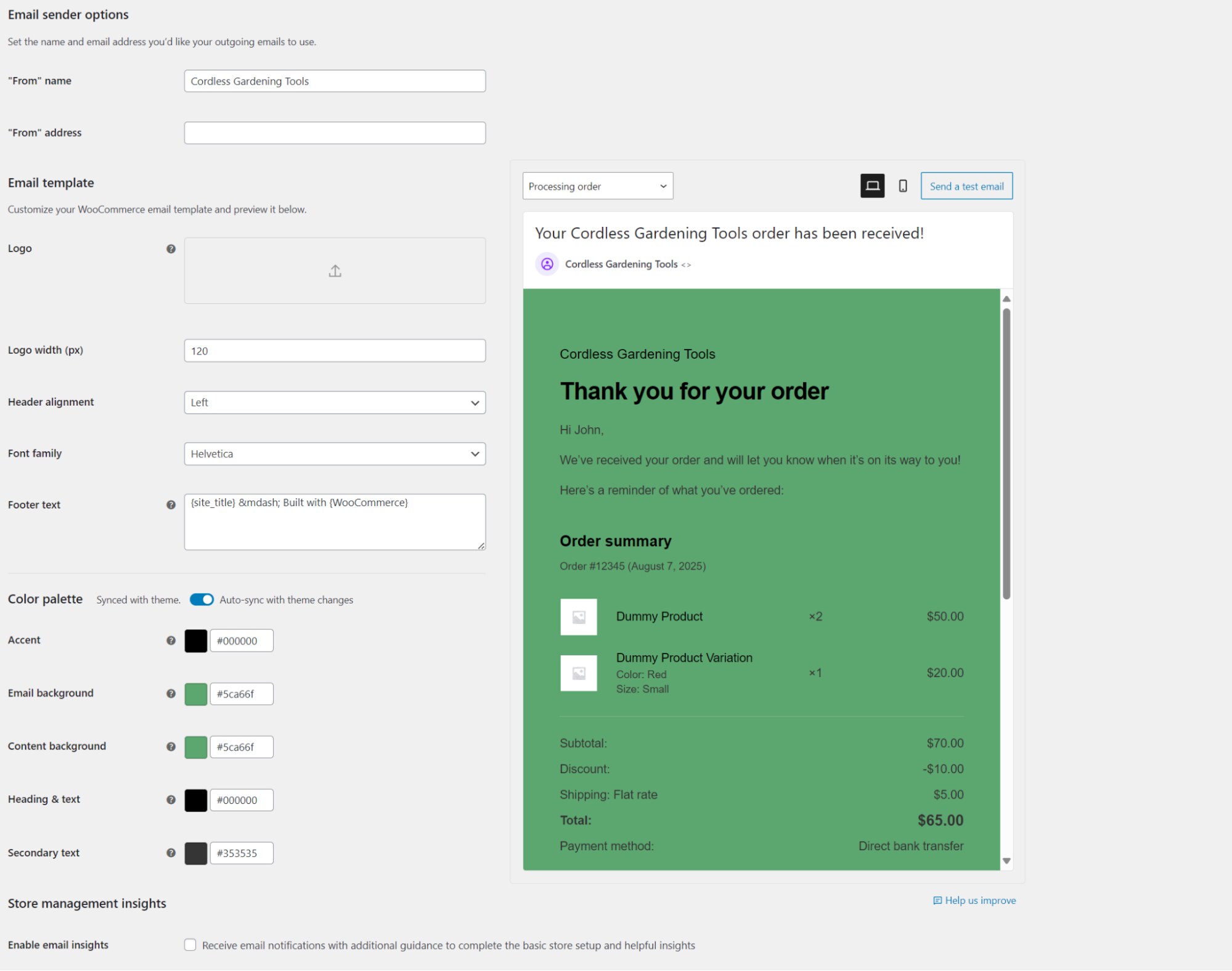 WooCommerce order confirmation email: A screenshot of an email customization interface for WooCommerce, showing settings on the left and a preview of an order confirmation email for Cordless Gardening Tools on the right.
