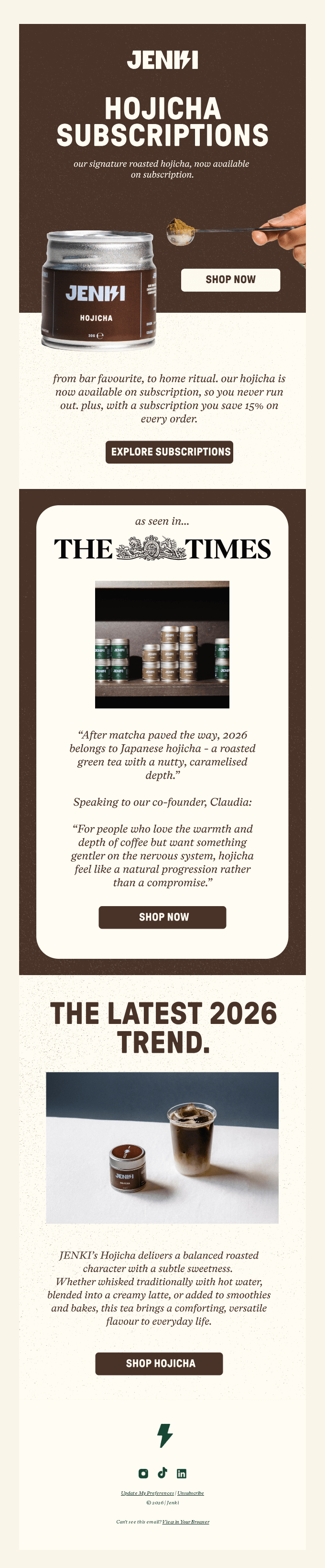 Lifecycle email marketing: A promotional webpage for JENJI Hojicha Subscriptions, featuring product jars, customer testimonials, media mentions, and a section highlighting the 2026 trend, with shop and subscription buttons.