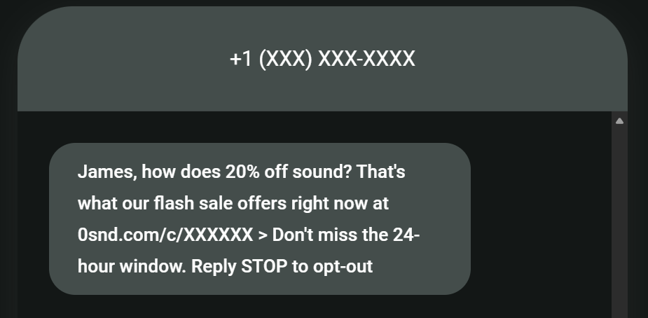 Promotional SMS examples: A text message from an unknown number offers 20% off in a flash sale with a link and mentions a 24-hour window. It also provides an option to reply STOP to opt out.