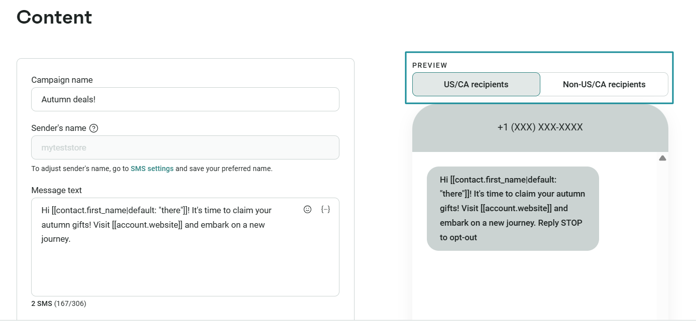 SMS lead generation: Screenshot of a marketing platform’s content editor. Fields for campaign name, sender’s name, and message text appear on the left. On the right, a phone preview shows the message for US/CA and Non-US/CA recipients.