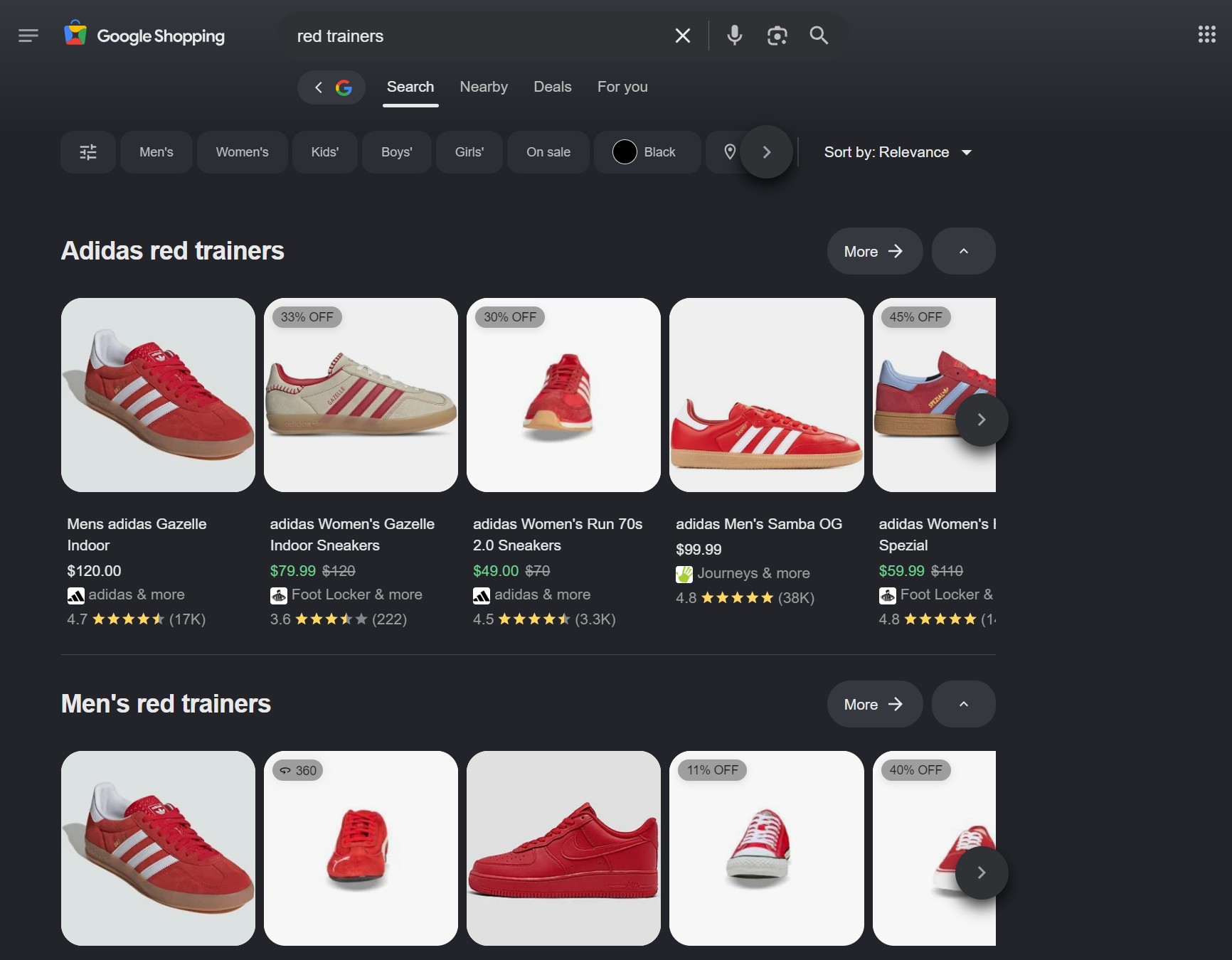 Clothing brand marketing ideas: Paid ads on Google showing red trainers
