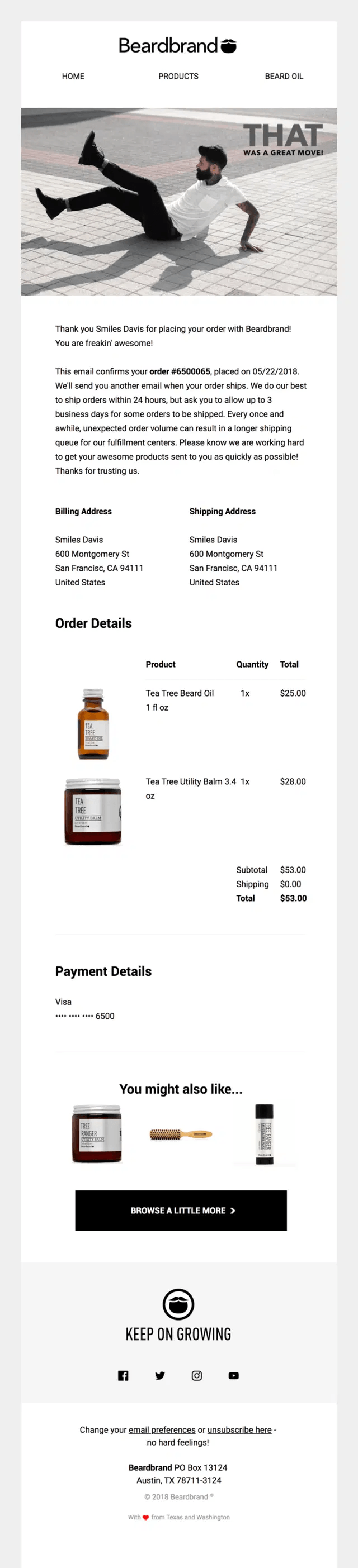 Digital marketing platforms: A confirmation email from Beardbrand showing order details for beard care products, including product images, shipping and billing addresses, payment info, and recommendations for additional products.