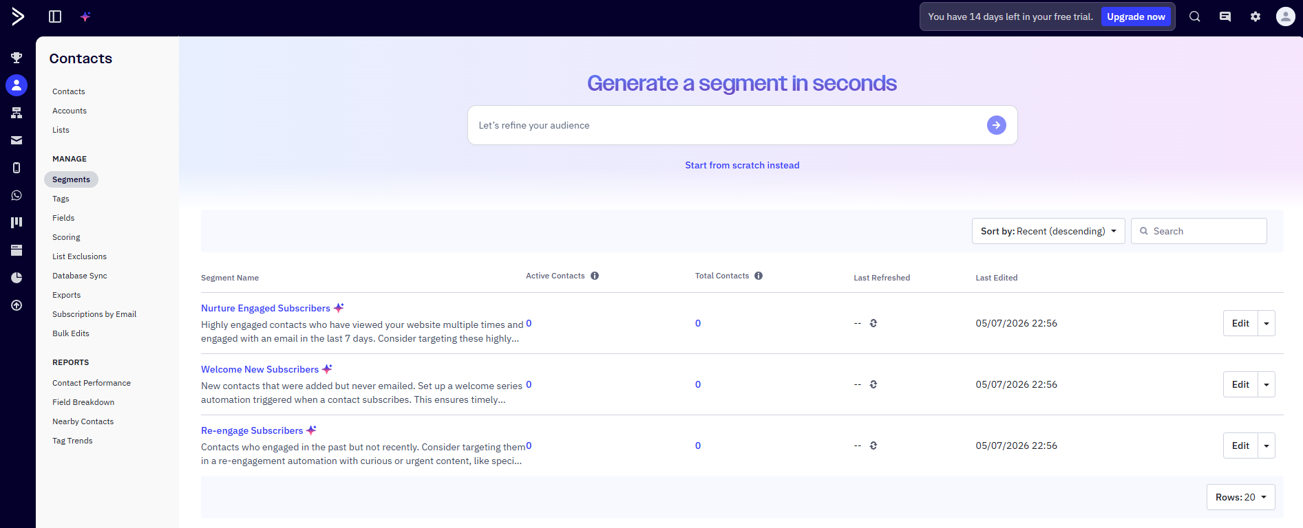 Best email list management software: A dashboard interface titled Generate a segment in seconds displays contact segment suggestions with details on active and total contacts, last refreshed dates, and options to save or remove segments. Navigation is on the left sidebar.