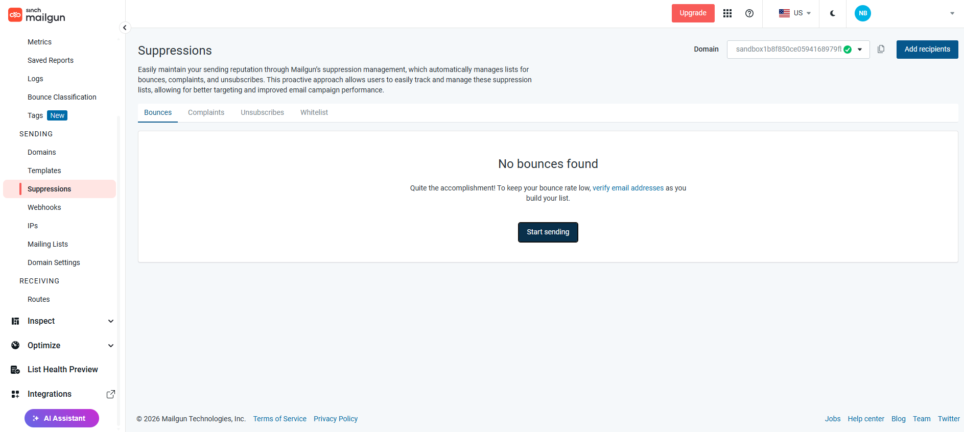 Best email list management software: Mailgun Suppressions dashboard showing no bounces found for the selected domain. The interface displays tabs for Bounces, Complaints, Unsubscribes, and Whitelist, with a message encouraging the user to start sending emails.