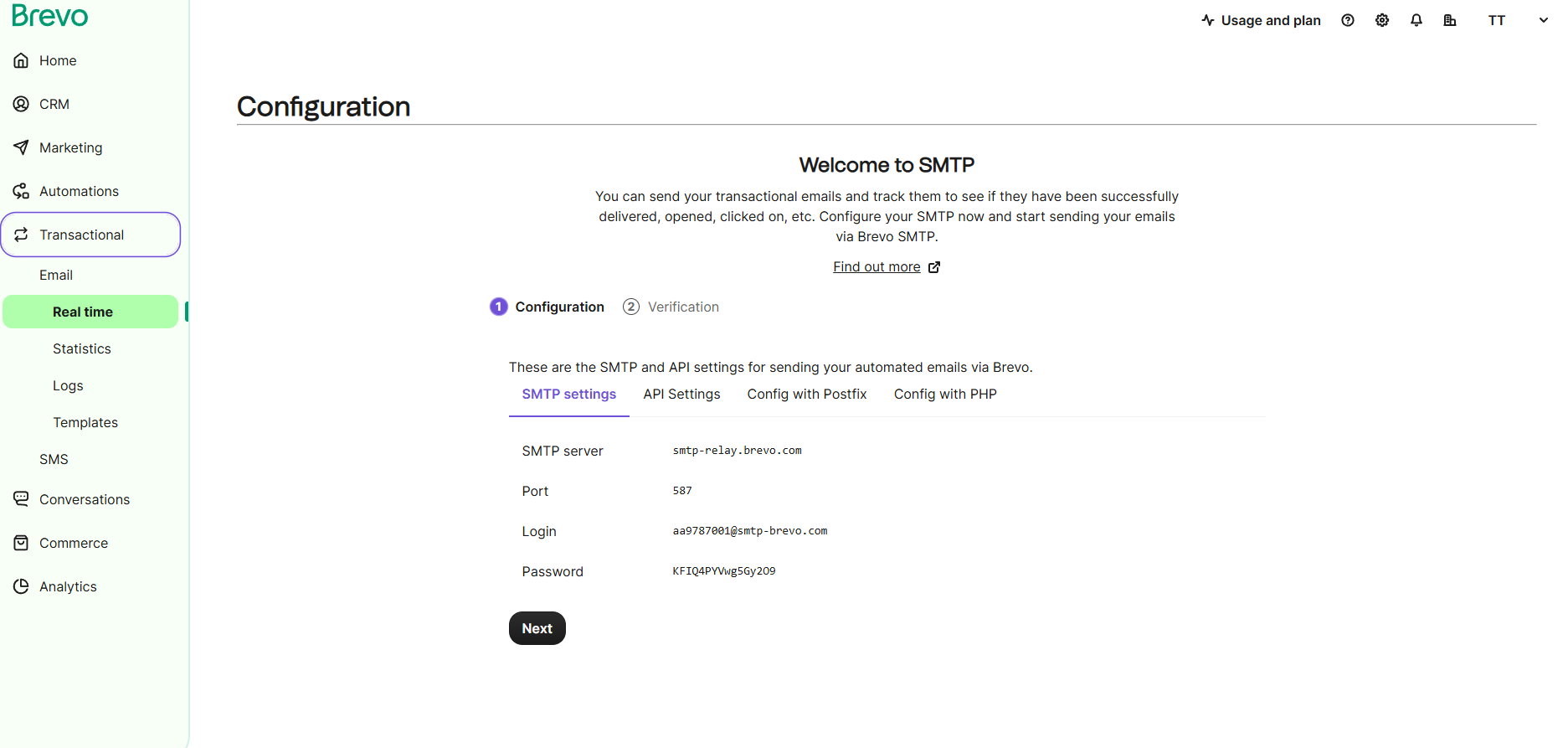 Best email list management software: A screenshot of the Brevo Configuration page showing SMTP settings, including server, port, login, and password fields. The left menu highlights Transactional under Email, and Usage and plan is visible at the top right.