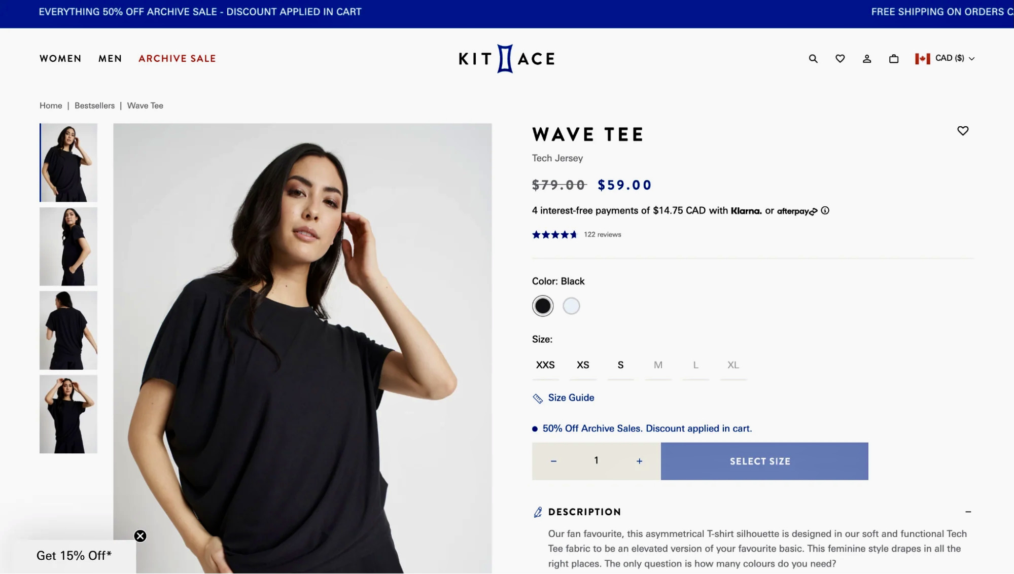 How to start dropshipping: A woman models a loose-fitting black t-shirt on an online shopping page for the Wave Tee by Kit and Ace, showing product images, pricing details, size and color options, and a description of the shirt.