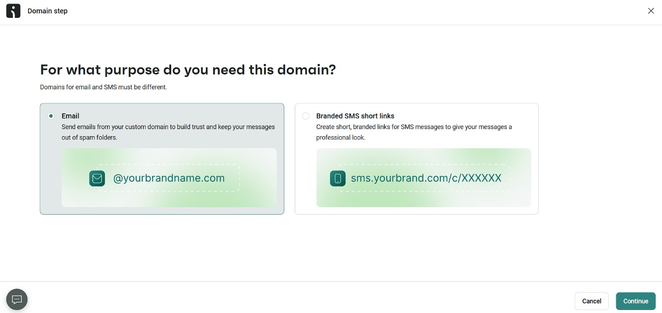 Improve email deliverability: A webpage titled Domain step asks the user to select a purpose for a domain: Email or Branded SMS short links. Email is selected. Options have brief descriptions, with Continue and Cancel buttons at the bottom.