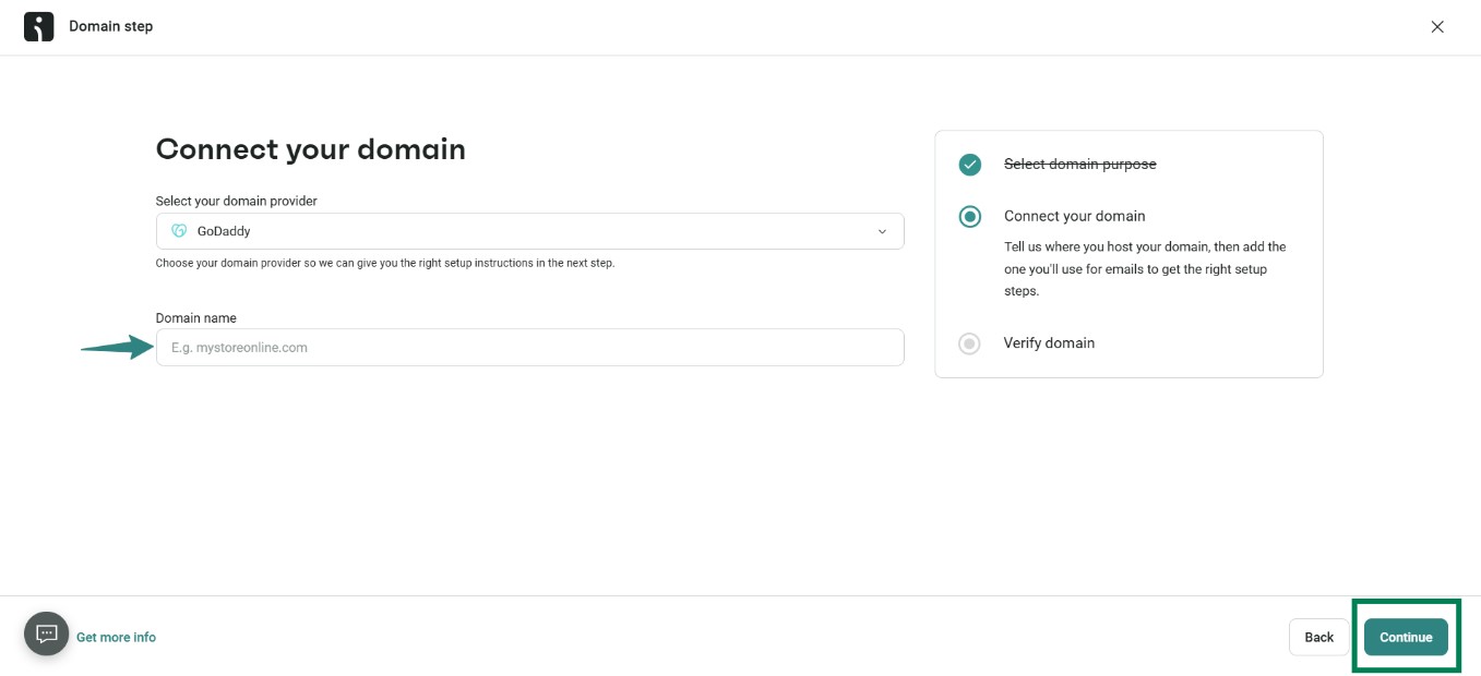 Improve email deliverability: A web page titled Connect your domain shows options to select a domain provider and enter a domain name, with Continue and Back buttons at the bottom right. The Continue button is highlighted.