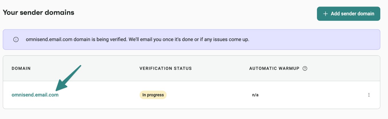 Improve email deliverability: A dashboard screen shows a sender domain omnisend.email.com with verification status In progress and automatic warmup marked as n/a. A blue notification bar is displayed above.